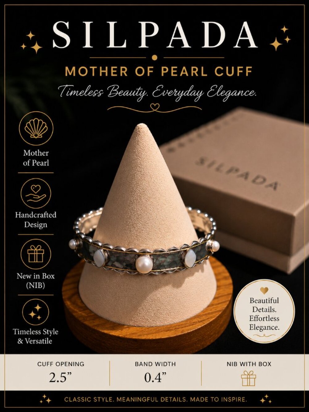 Silpada Mother of Pearl & Pearl Open Cuff Bracelet NIB with Box